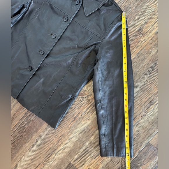 J.G. Hook Black Leather Jacket Womens Lg Button Front Purple Lined Classic Chic - Picture 7 of 15